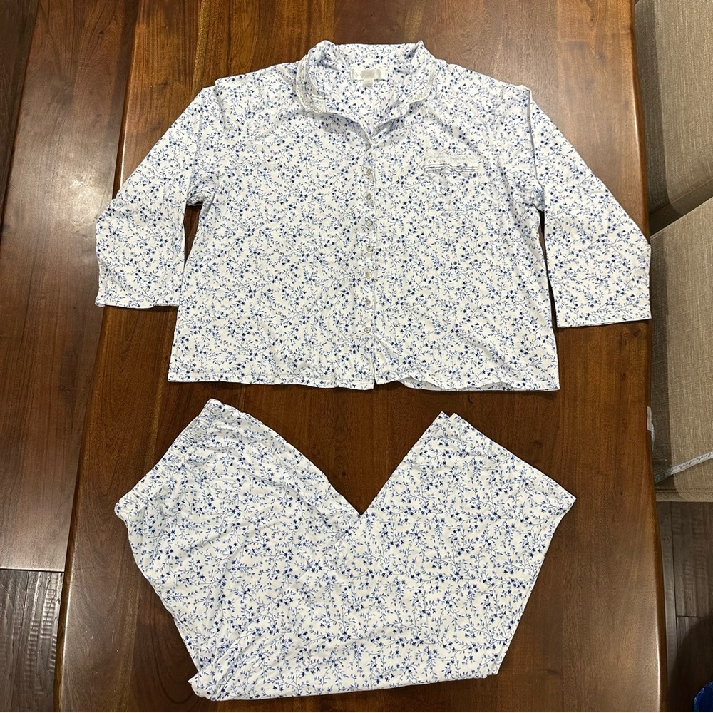 Eileen West 2 Piece Matching‎ Pajama Set White Blue Floral Size 3X 100% Cotton